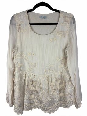 Angela Moda Italy Silk Embroidered Floral Boho Blouse Tunic Medium
